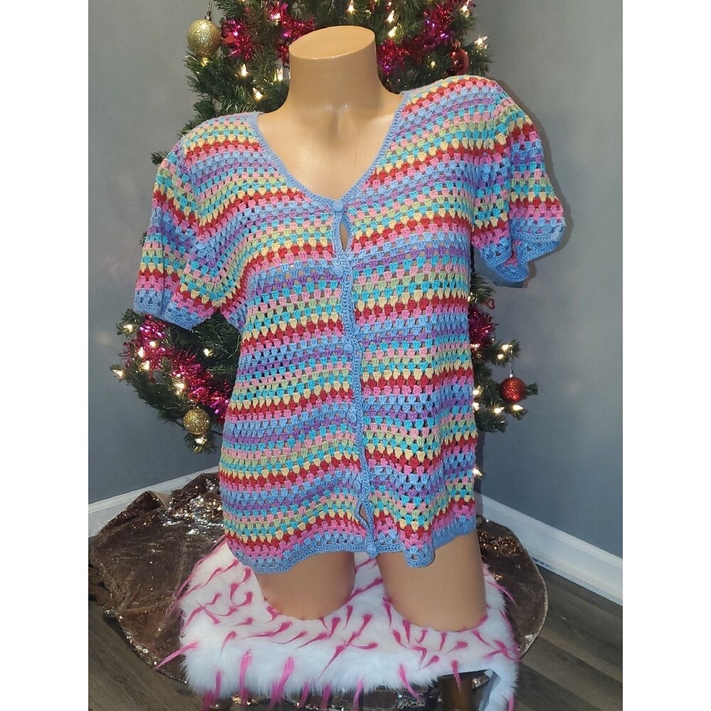 White Stag Multicolor Crochet Cardigan with Blue Trim
